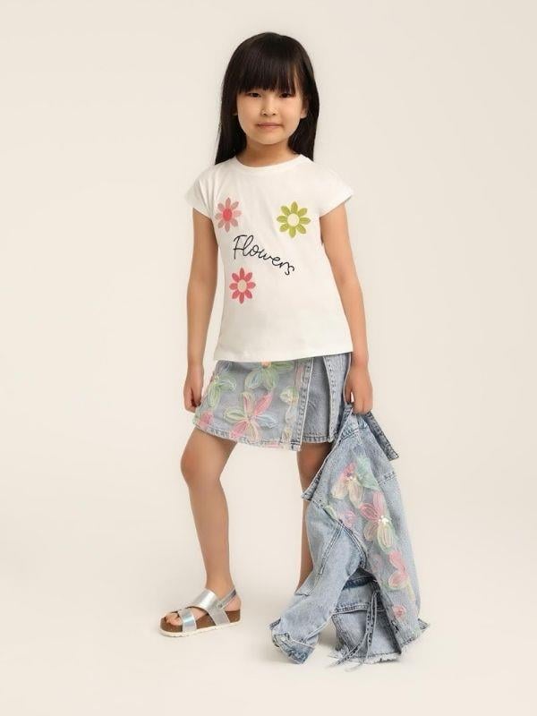 Kız Çocuk Çiçek Desenli Kot Ceket