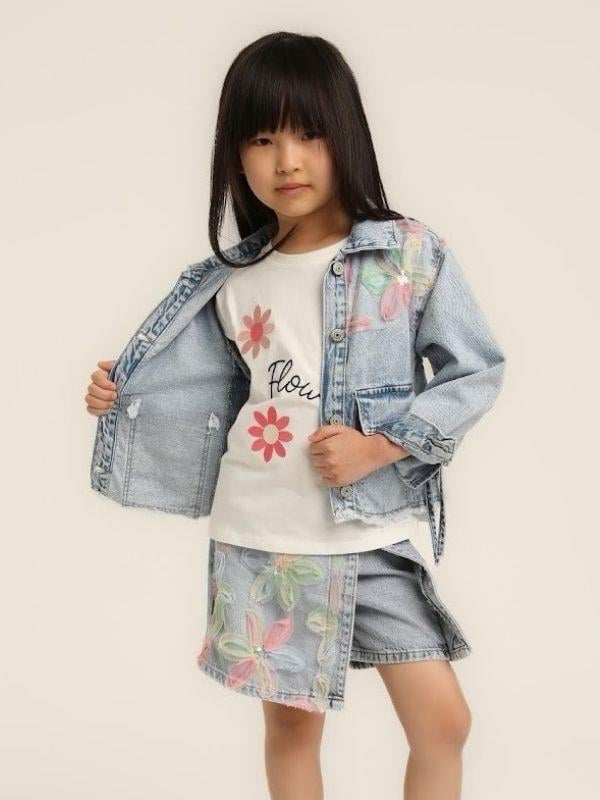 Kız Çocuk Çiçek Desenli Kot Ceket