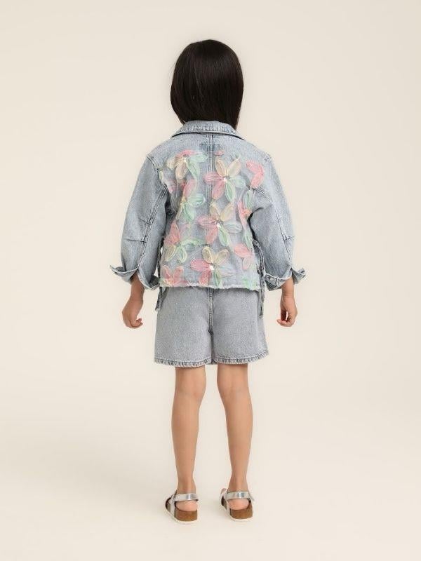 Kız Çocuk Çiçek Desenli Kot Ceket