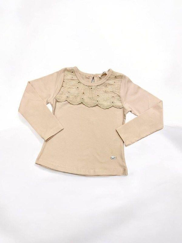 Kız Çocuk Çiçek Detaylı Pamuklu İnce Uzun Kollu Bluz