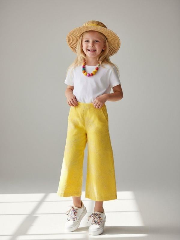 Kız Çocuk Çiçek Dokulu Geniş Paça Pantolon
