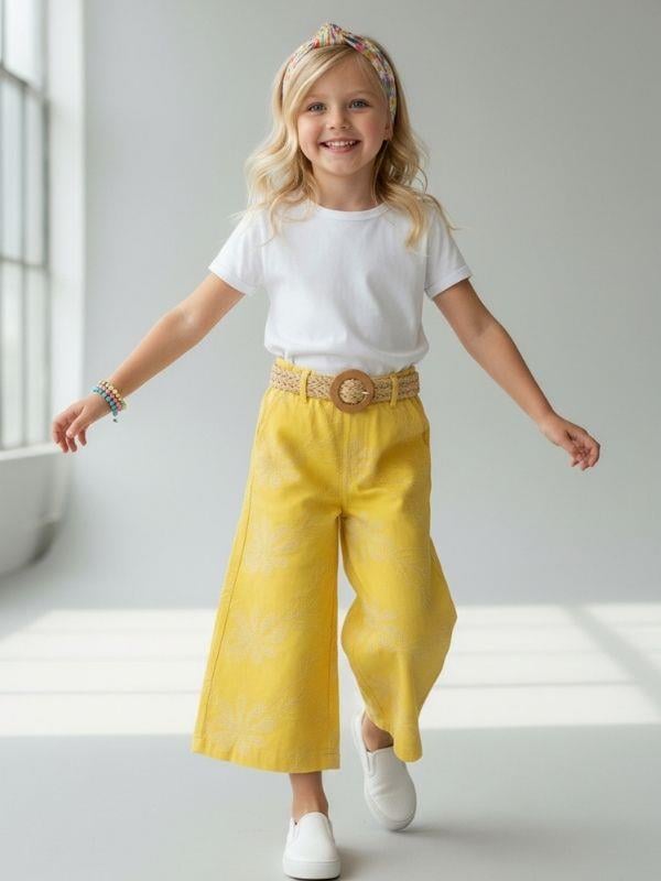 Kız Çocuk Çiçek Dokulu Geniş Paça Pantolon