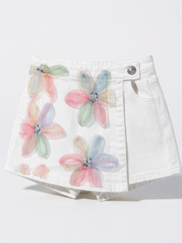 Kız Çocuk Çiçek İşleme Detaylı Şort Etek
