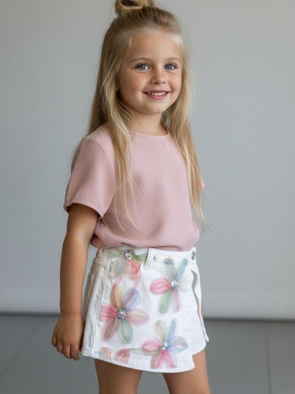 Kız Çocuk Çiçek İşleme Detaylı Şort Etek