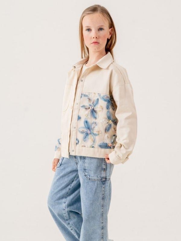 Kız Çocuk Çiçek İşlemeli Kot Ceket T-shirt İkili Takım