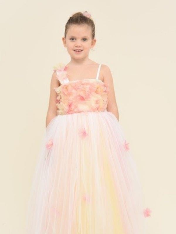 Kız Çocuk Çiçek İşlemeli Omuz Detaylı Renkli Tasarım Abiye Elbise