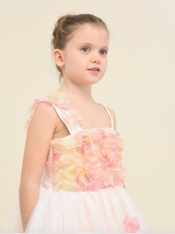 Kız Çocuk Çiçek İşlemeli Omuz Detaylı Renkli Tasarım Abiye Elbise