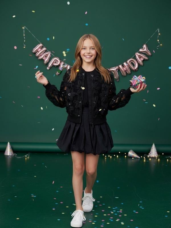 Kız Çocuk Çiçek İşlemeli Tasarım Bomber Ceket