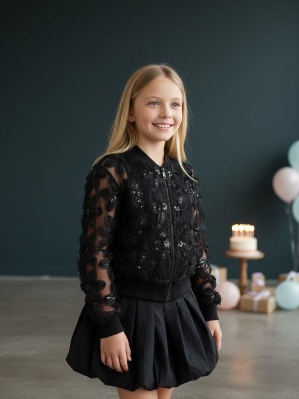 Kız Çocuk Çiçek İşlemeli Tasarım Bomber Ceket