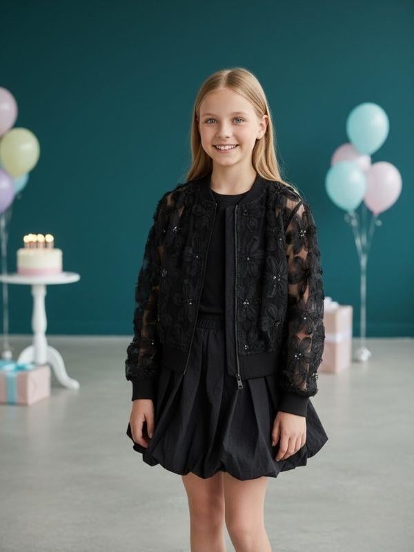 Kız Çocuk Çiçek İşlemeli Tasarım Bomber Ceket