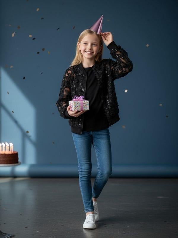 Kız Çocuk Çiçek İşlemeli Tasarım Bomber Ceket