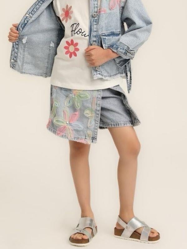 Kız Çocuk Çiçek İşlemeli Tasarım Şort Etek