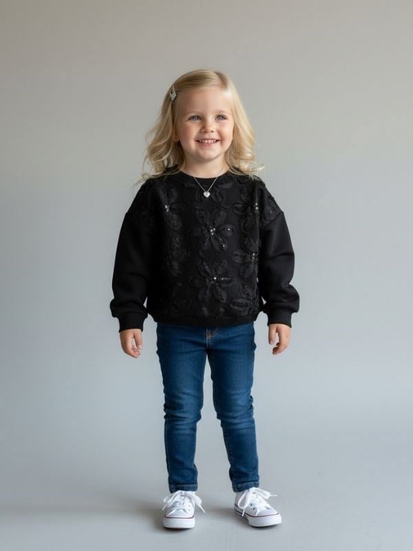 Kız Çocuk Çiçek İşlemeli Tasarım Sweatshirt