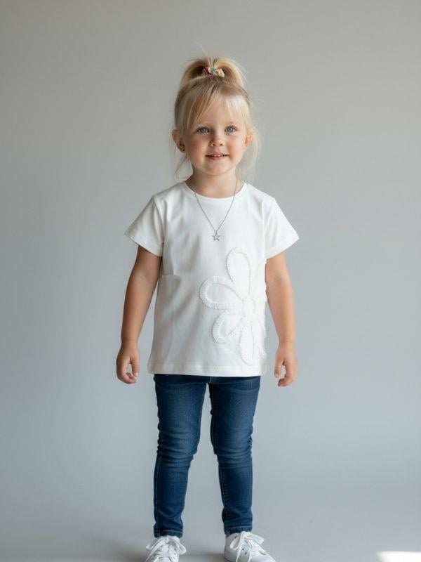 Kız Çocuk Çiçek Nakışlı Tasarım T-shirt