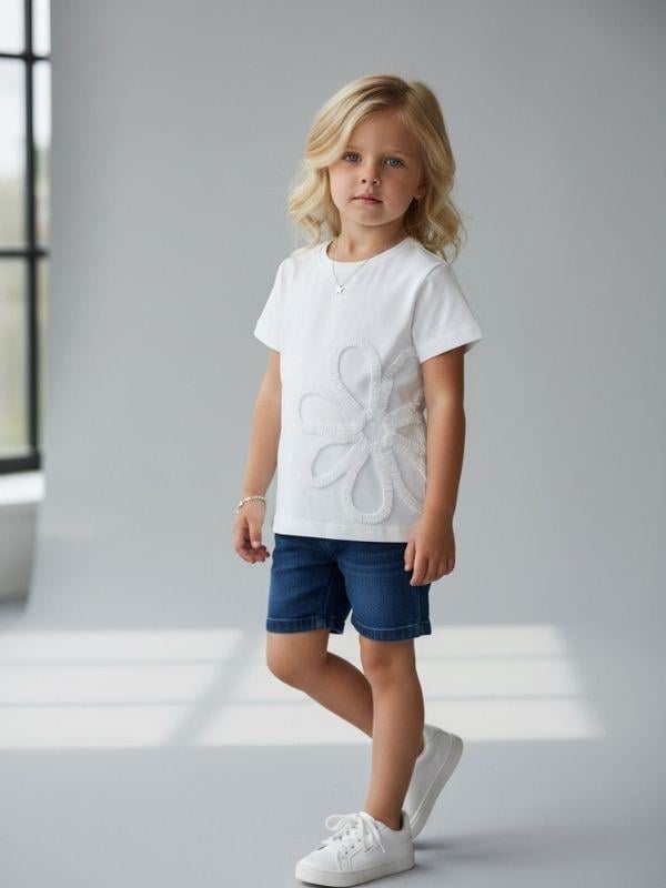 Kız Çocuk Çiçek Nakışlı Tasarım T-shirt
