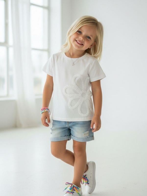 Kız Çocuk Çiçek Nakışlı Tasarım T-shirt
