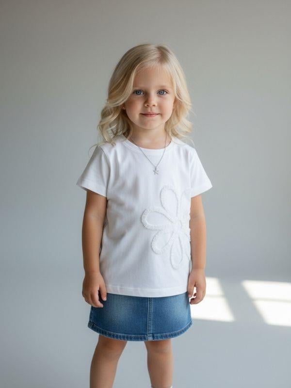 Kız Çocuk Çiçek Nakışlı Tasarım T-shirt
