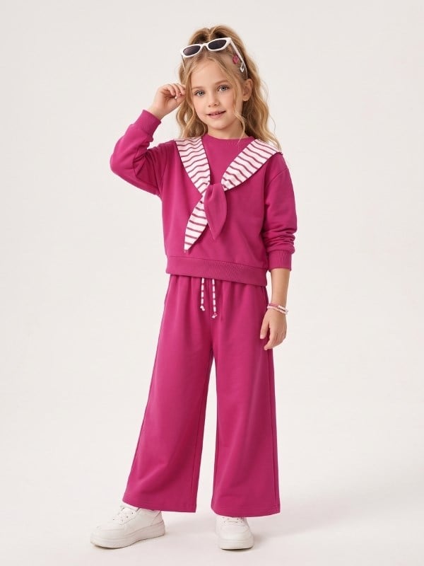 Kız Çocuk Çizgili Kapüşon Detaylı Sweatshirt ve Bol Paça Eşofman Takımı