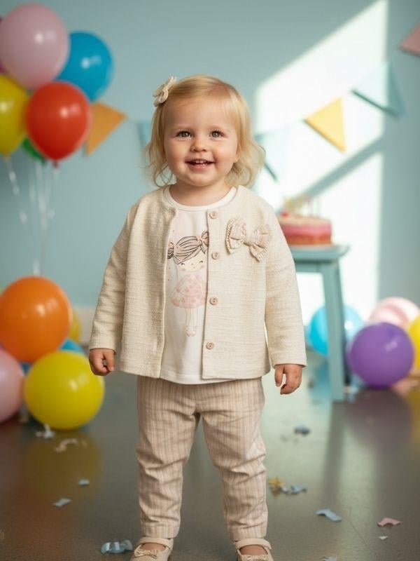 Kız Çocuk Çizgili Pantolonlu Hırkalı Üçlü Takım