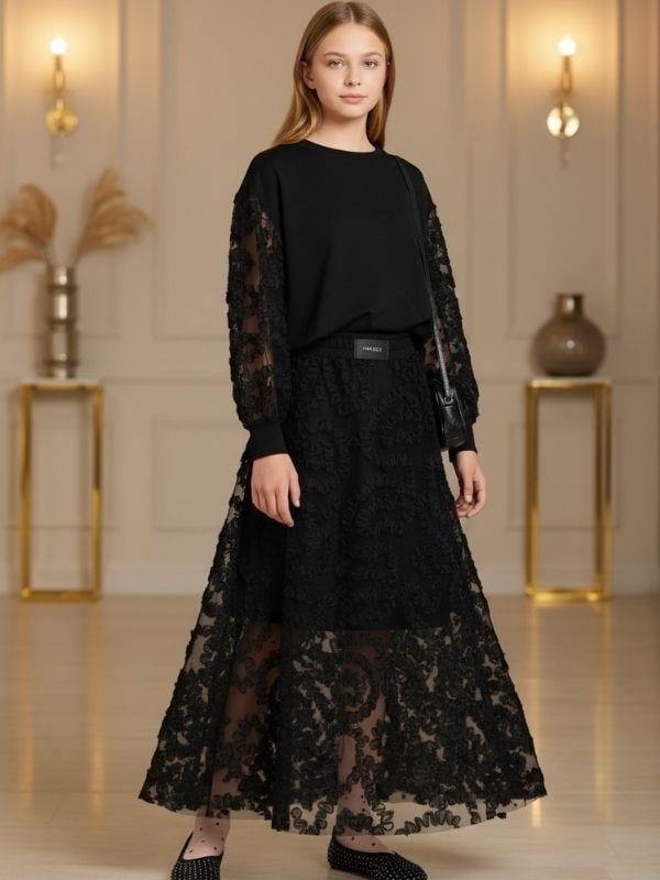 Kız Çocuk Dantel Kısa Astarlı Tasarım Uzun Etek