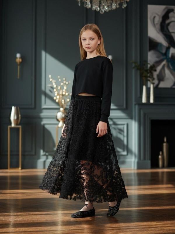 Kız Çocuk Dantel Kısa Astarlı Tasarım Uzun Etek