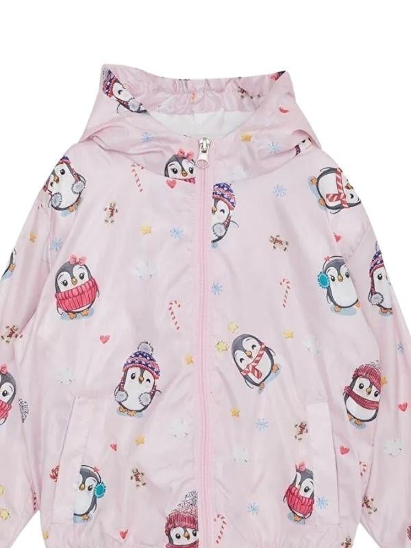 Kız Çocuk Desenli Kapüşonlu Pamuk Astarlı Rüzgarlık