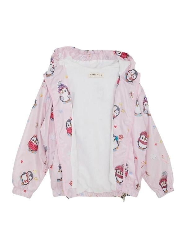 Kız Çocuk Desenli Kapüşonlu Pamuk Astarlı Rüzgarlık
