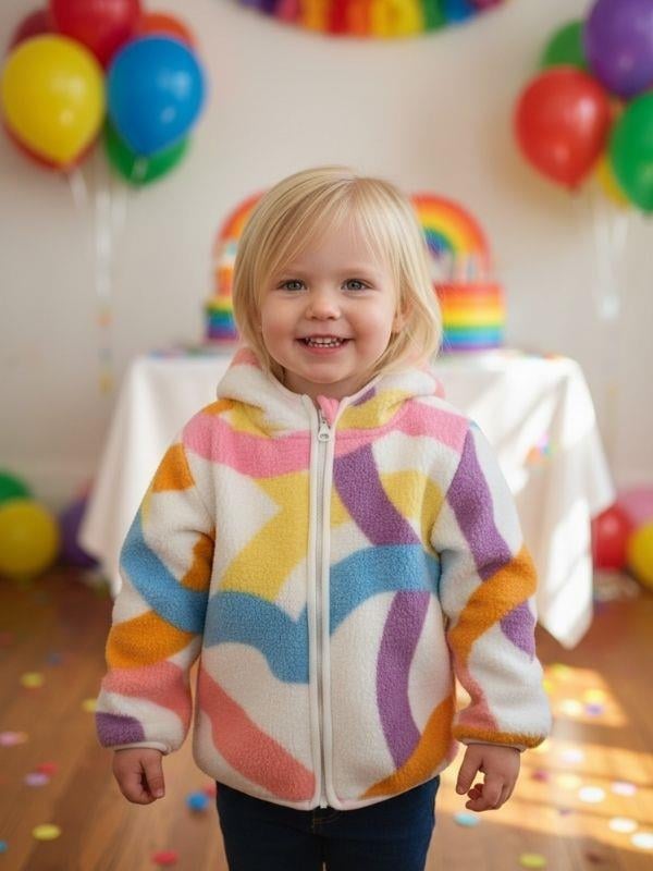 Kız Çocuk Desenli Kapüşonlu Polar Mont