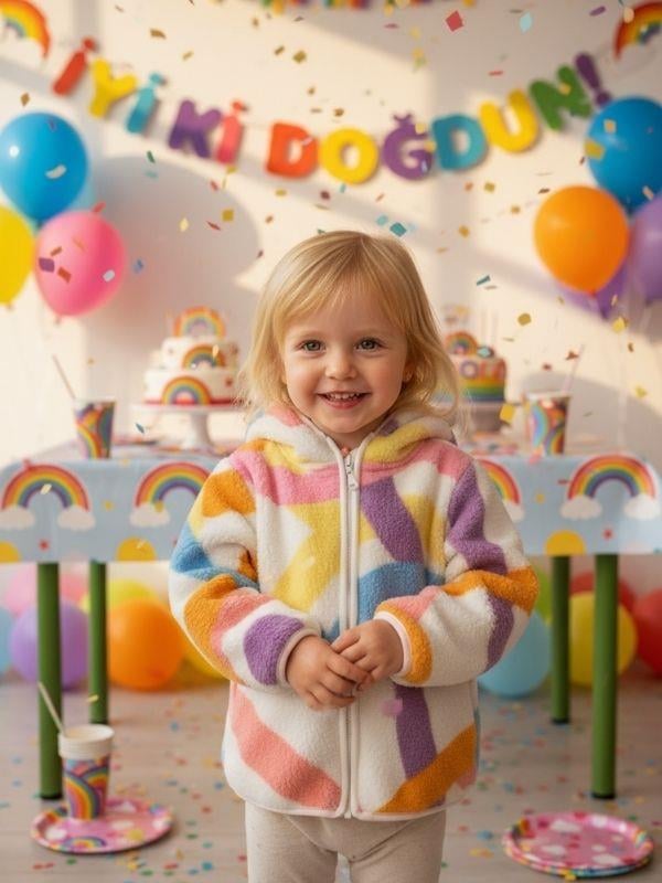 Kız Çocuk Desenli Kapüşonlu Polar Mont