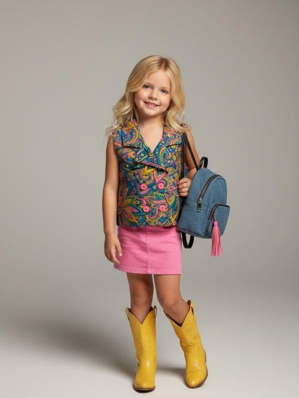 Kız Çocuk Desenli Kruvaze Kesim Tasarım Yelek