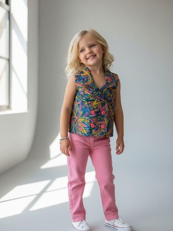 Kız Çocuk Desenli Kruvaze Kesim Tasarım Yelek