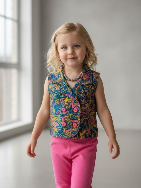 Kız Çocuk Desenli Kruvaze Kesim Tasarım Yelek