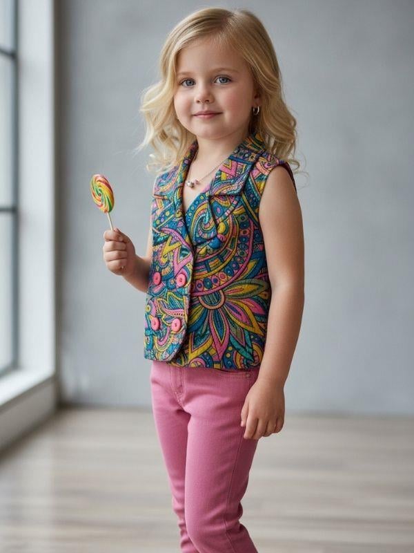 Kız Çocuk Desenli Kruvaze Kesim Tasarım Yelek