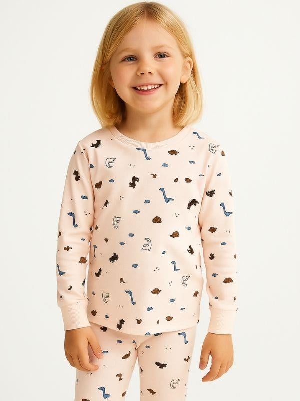 Kız Çocuk Dinozor Baskılı Pamuklu Pijama Takımı