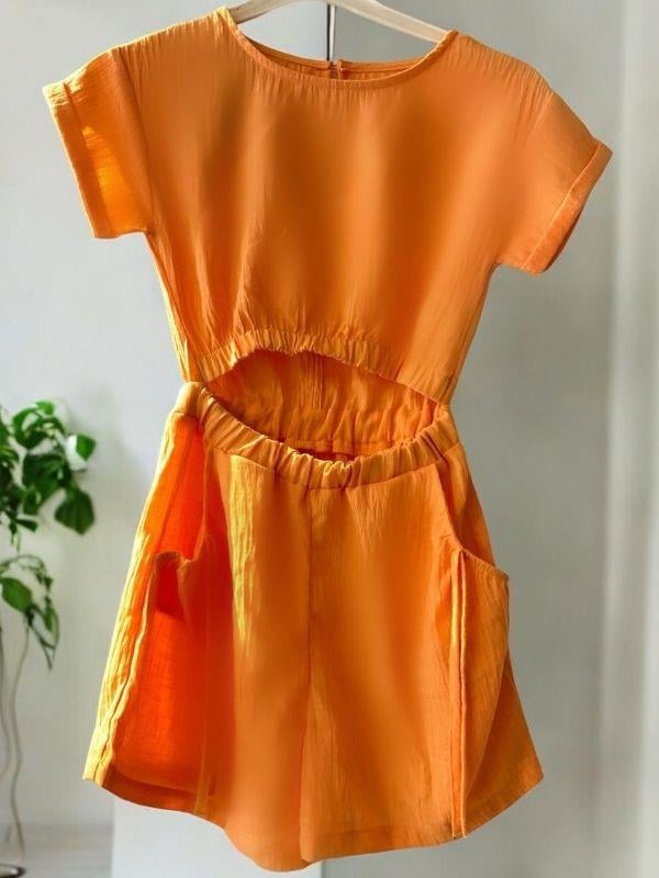 Kız Çocuk Dokuma Göbek Dekolte Detaylı Şort Tulum