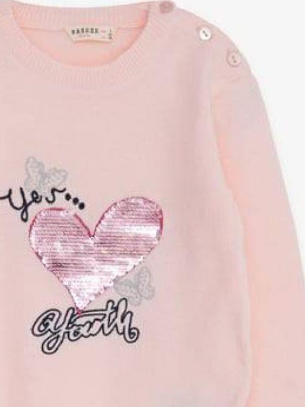 Kız Çocuk Döner Pullu Kalpli Kazak