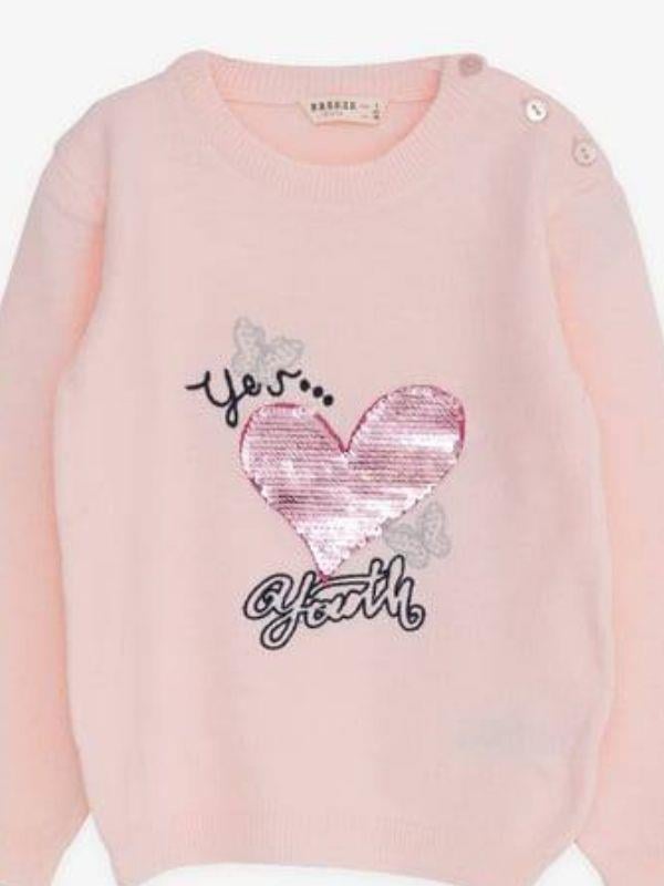 Kız Çocuk Döner Pullu Kalpli Kazak