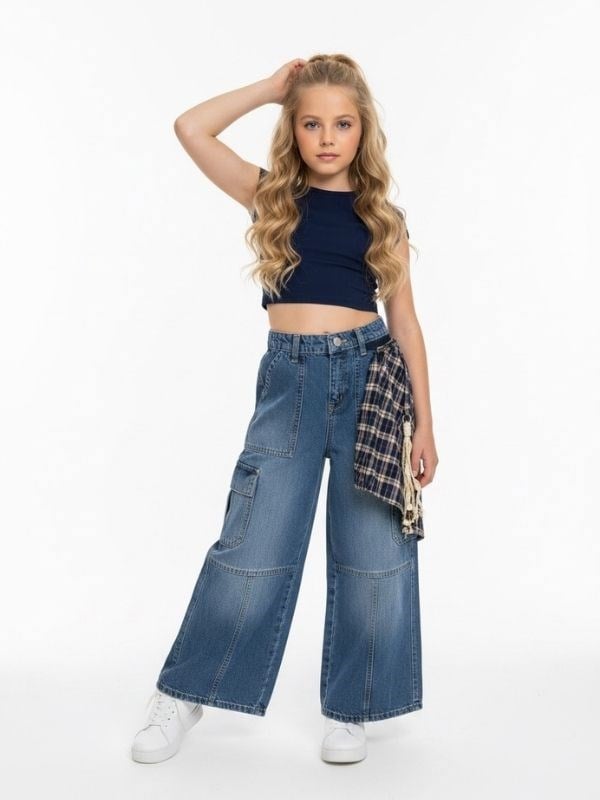 Kız Çocuk Ekose Fular Detaylı Kargo Cepli Tasarım Denim Pantolon