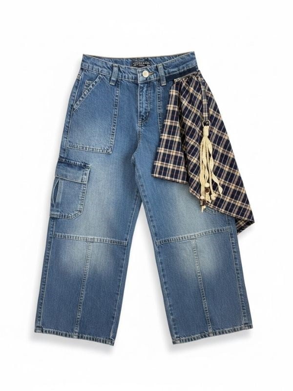 Kız Çocuk Ekose Fular Detaylı Kargo Cepli Tasarım Denim Pantolon