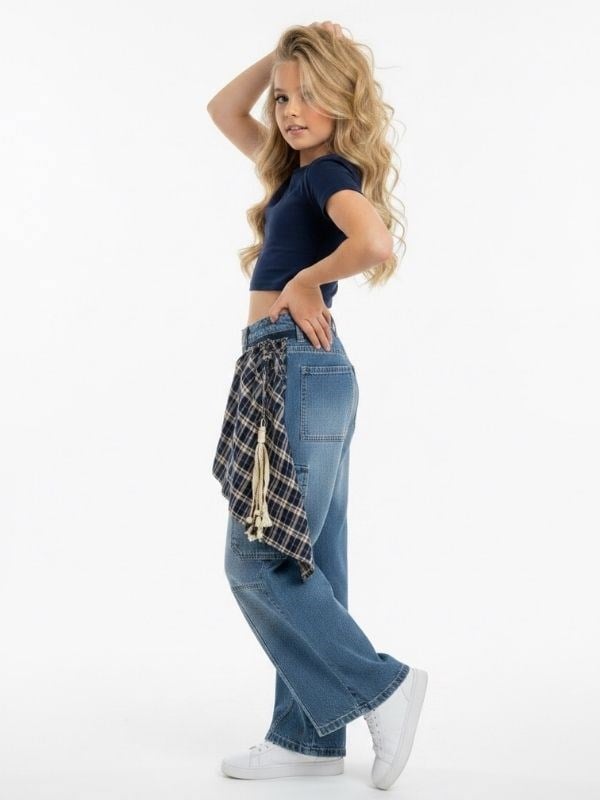 Kız Çocuk Ekose Fular Detaylı Kargo Cepli Tasarım Denim Pantolon