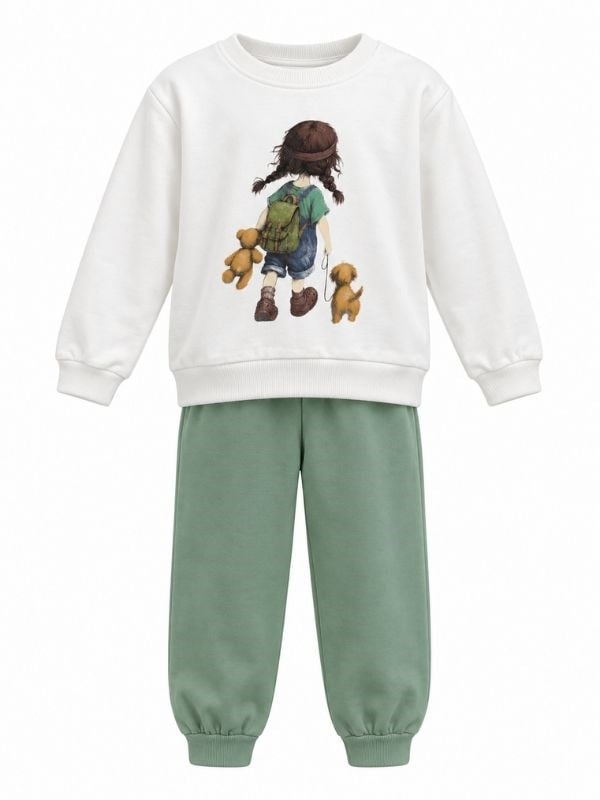 Kız Çocuk Ekru Baskılı Sweatshirt ve Yeşil Jogger Eşofman Takımı