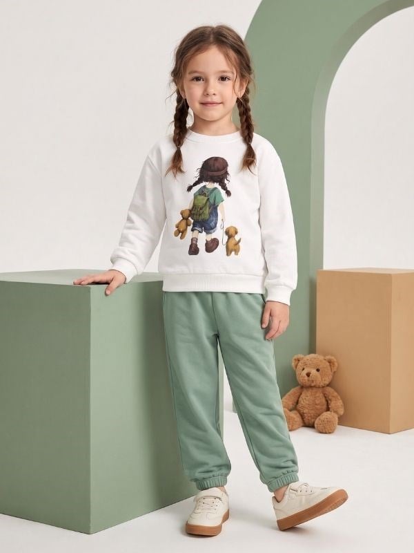 Kız Çocuk Ekru Baskılı Sweatshirt ve Yeşil Jogger Eşofman Takımı