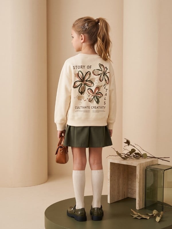 Kız Çocuk Ekru Çiçek Baskılı Bisiklet Yaka Tasarım Sweatshirt