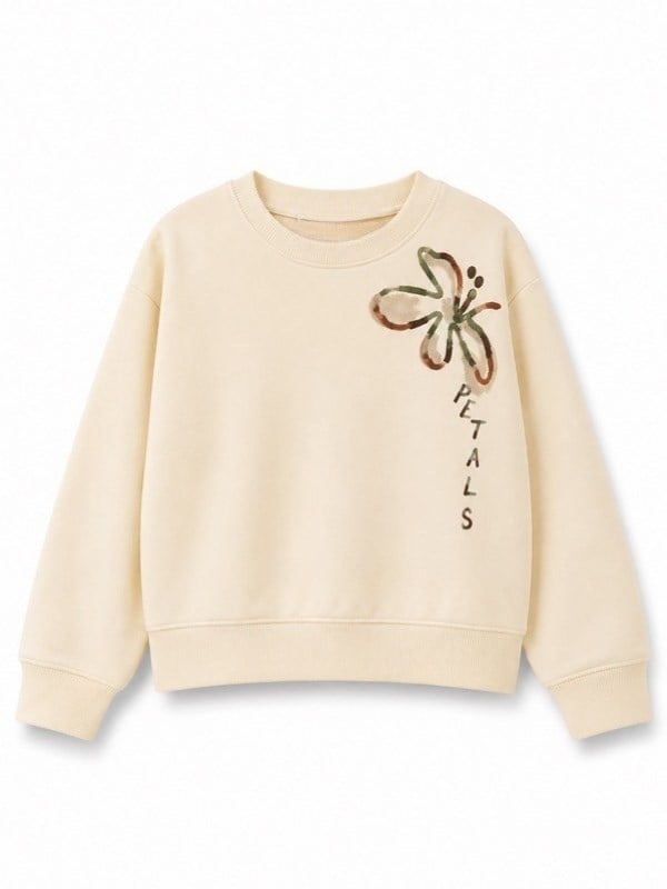 Kız Çocuk Ekru Çiçek Baskılı Bisiklet Yaka Tasarım Sweatshirt