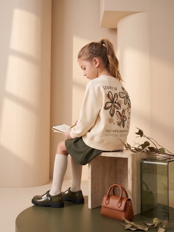 Kız Çocuk Ekru Çiçek Baskılı Bisiklet Yaka Tasarım Sweatshirt