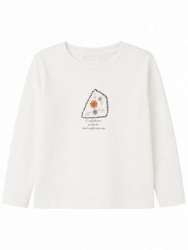 Kız Çocuk Ekru Çiçek Nakışlı Uzun Kollu T-shirt