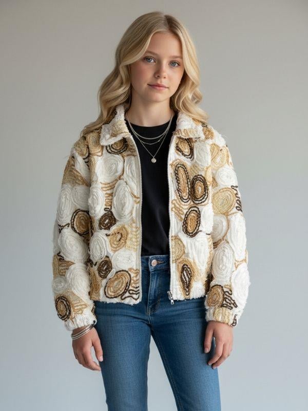 Kız Çocuk Fermuarlı Desenli Tasarım Ceket