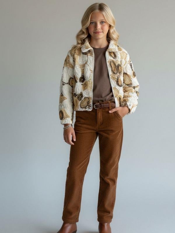 Kız Çocuk Fermuarlı Desenli Tasarım Ceket