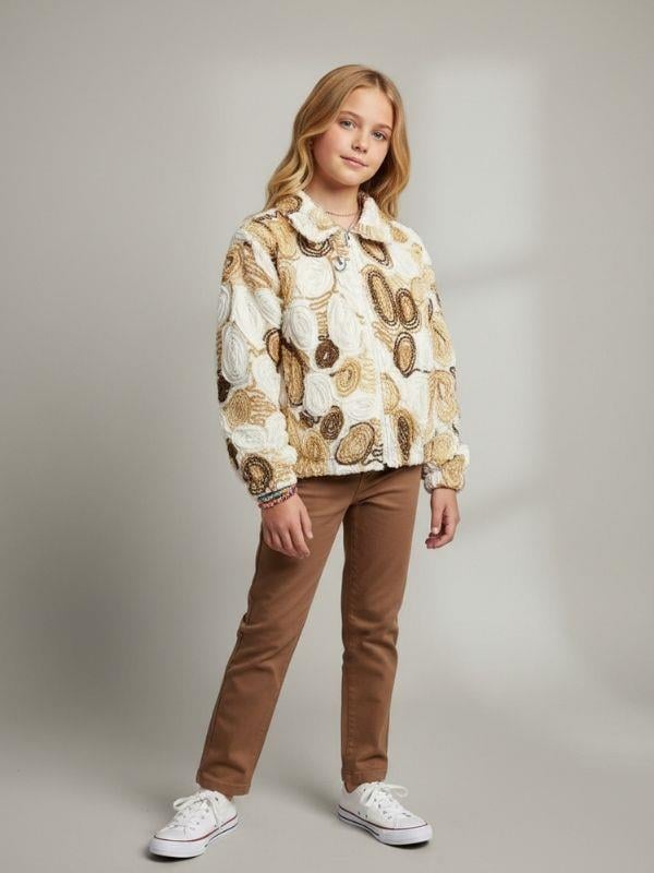 Kız Çocuk Fermuarlı Desenli Tasarım Ceket