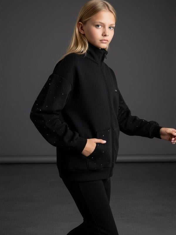 Kız Çocuk Fermuarlı Taşlı Tasarım Hırka